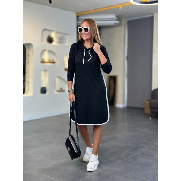 Kadın Uzun Kollu Kapüşon Ve Ribana Detay Diz üstü Elbise