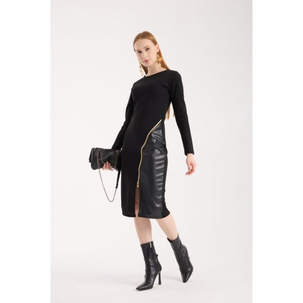 Kadın Bisiklet Yaka Uzun Kollu Deri Ve Fermuar Detay Mini Yırtmaçlı Elbise