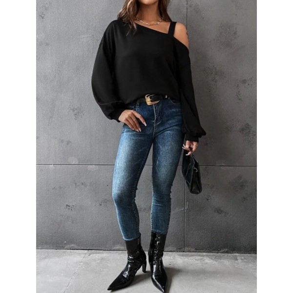 Kadın Uzun Kollu Tek Omuz Askı Detay Salaş Viskon Iki Iplik Bluz