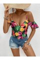 Kadın Askılı Omuzlardan Açık çiçek Baskılı Bluz