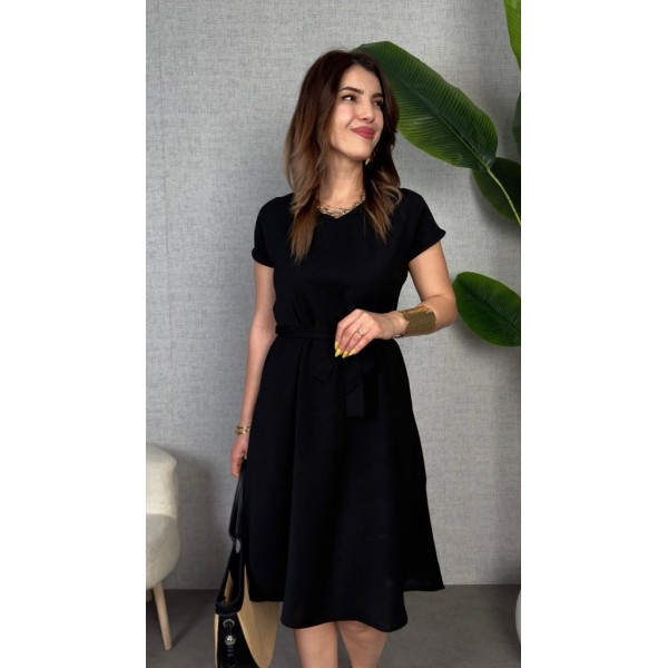 Kadın Kısa Kollu V Yakalı Beli Kuşaklı Ithal Keten Elbise