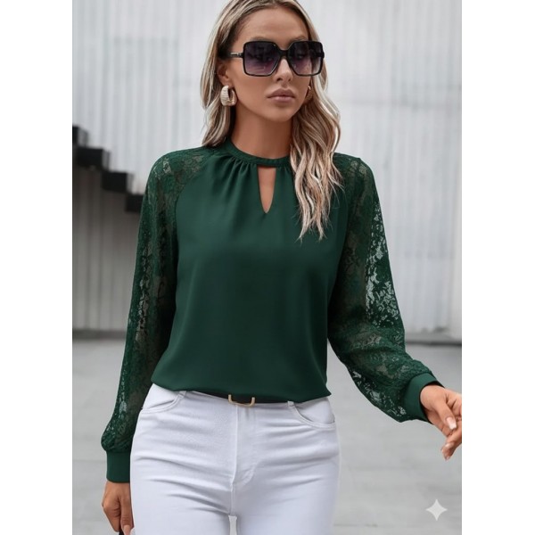 Kadın Uzun Dantel Kollu Yuvarlak Yakalı Sandy Bluz