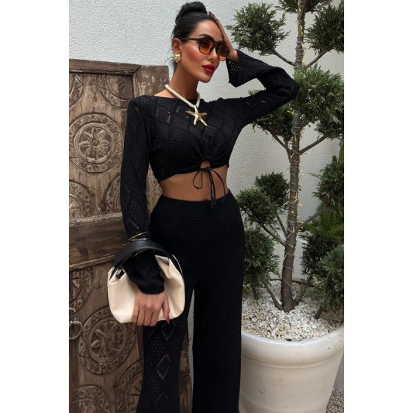 Göğüs Bağcık Detaylı Ajurlu Bluz Pantolon Takım 10098