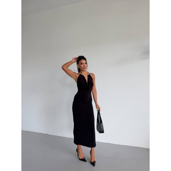 Kadın Boyun Aksesuarlı Halter Yaka Maxi Boy Sandy Kumaş Elbise