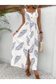 Kadın Askılı önden Düğmeli Yaprak Desenli Uzun Süprem Elbise