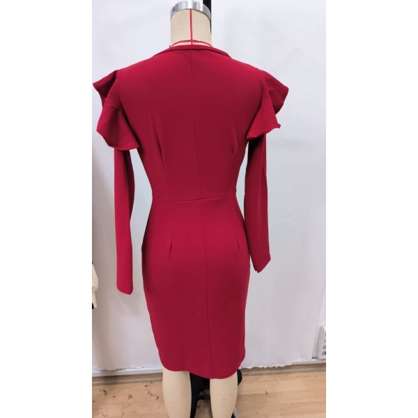 Kadın Uzun Kollu V Yakalı Yandan Yırtmaçlı Midi Ithal Krep Elbise