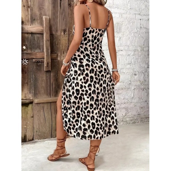 Kadın Askılı Yakadan Bağcıklı Yırtmaçlı Leopar Desenli Midi Süprem Elbise