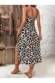 Kadın Askılı Yakadan Bağcıklı Yırtmaçlı Leopar Desenli Midi Süprem Elbise