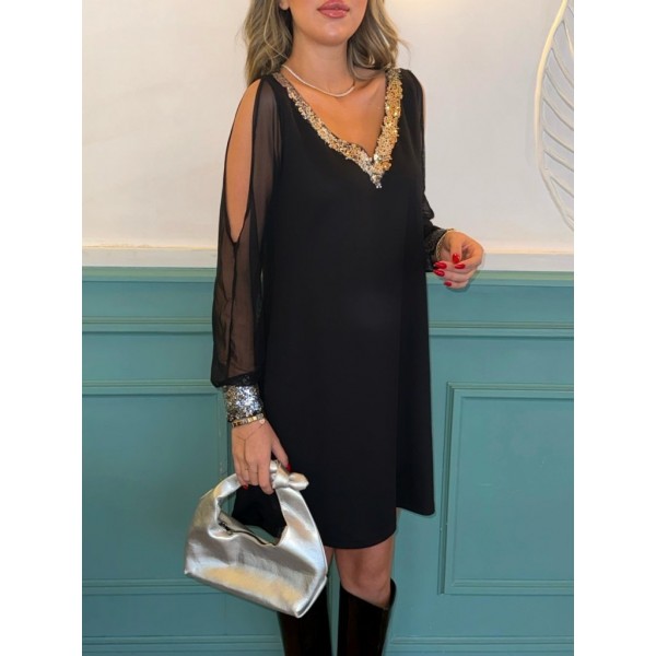 Kadın Uzun Kollu V Yaka Kollar Tül Yırtmaç Detay Kol Manşetleri Ve Yaka Payet Krep Elbise