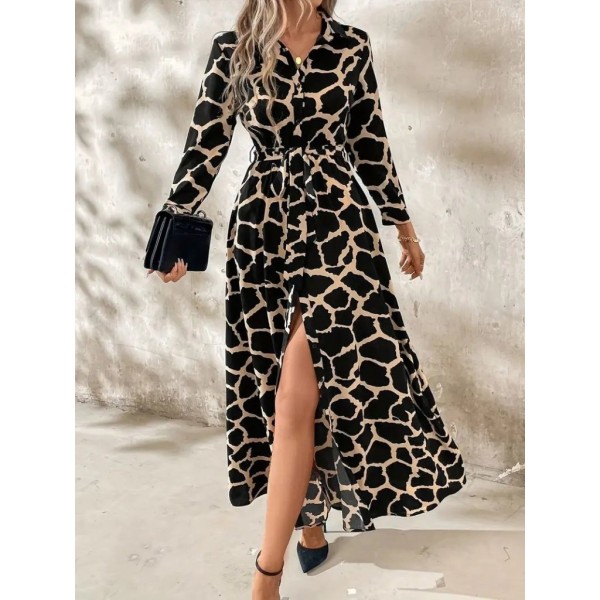 Kadın Uzun Kollu Yakalı önü Düğmeli Desenli Belden Kuşaklı Uzun Süprem Elbise