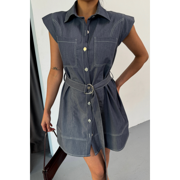 GÖMLEK ELBİSE KOLSUZ TENCEL KUMAŞ - Mavi