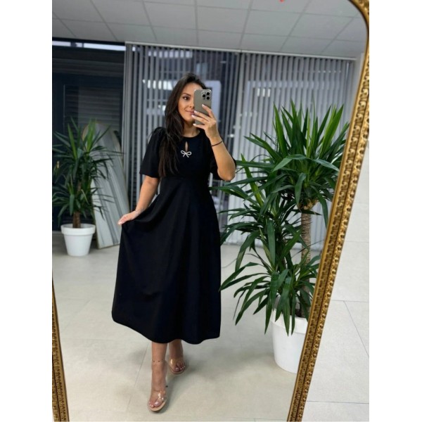 Kadın Kısa Kollu Bisiklet Yaka Fiyonk Broşlu Midi Janjan Krep Elbise