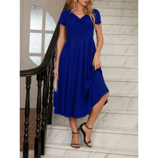 Kadın Kısa Kollu V Yakalı önden Pileli Midi Janjan Krep Elbise