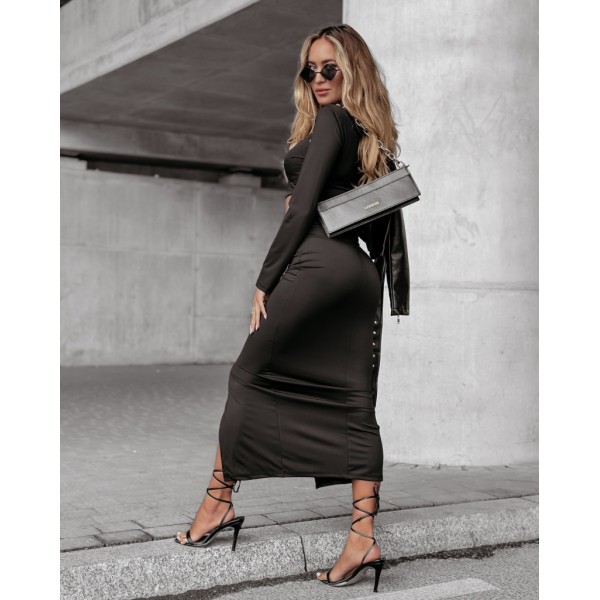 Kadın Uzun Kollu Bisiklet Yaka Kısa Krop Dalgıç Bluz Ile önden Yırtmaçlı Uzun Etek Ikili Takım