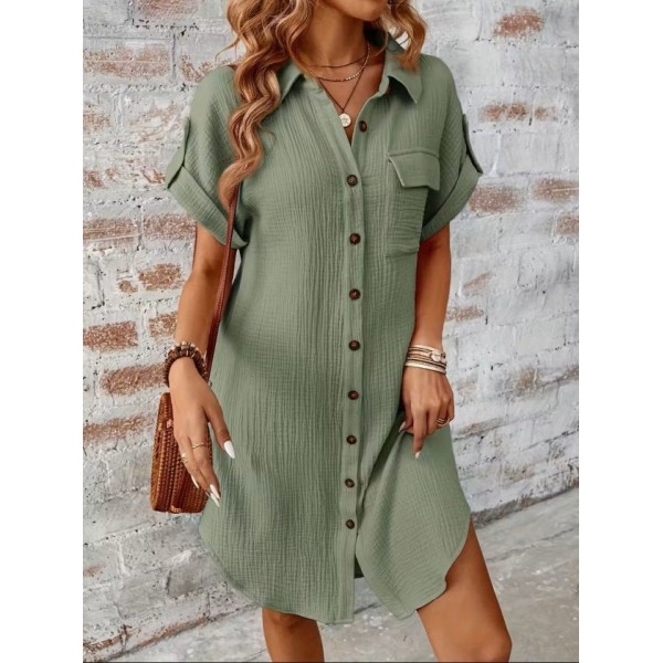 Kadın Kısa Kollu Yakalı önden Düğmeli Bürümcük Kısa Elbise