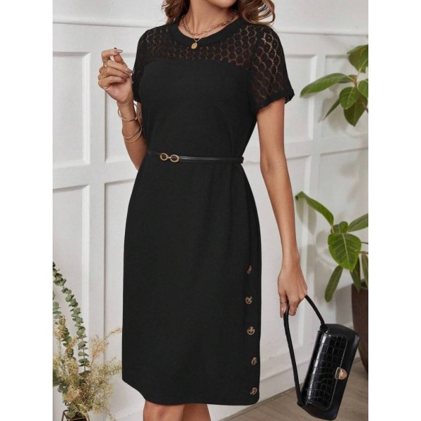 Kadın Kısa Kollu Bisiklet Yaka Dantel Detaylı Düğmeli Modal Elbise