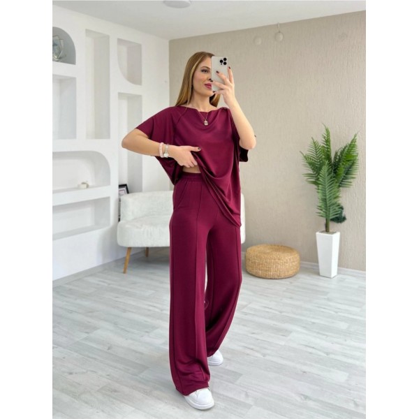 Kadın Kısa Kollu Kayık Yakalı Dikiş Izi Detaylı Viskon Iki Iplik Bluz Ve Pantolon Ikili Takım