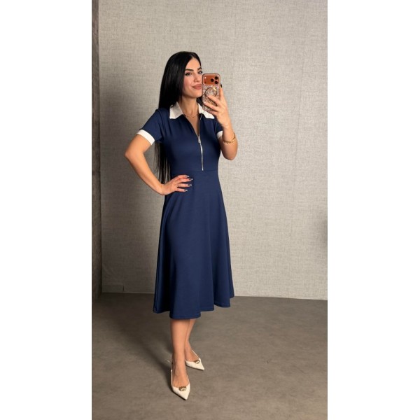 Kadın Polo Yaka Fermuar Detaylı Modal Midi Elbise