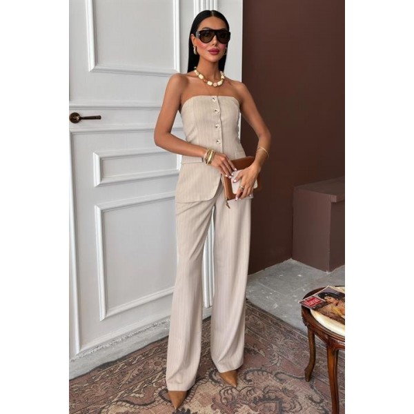 Straplez Büstiyerli Plazzo Pantolonlu Çizgili Takım 10151