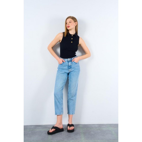 Patlı Düğmeli Triko Atlet - Siyah