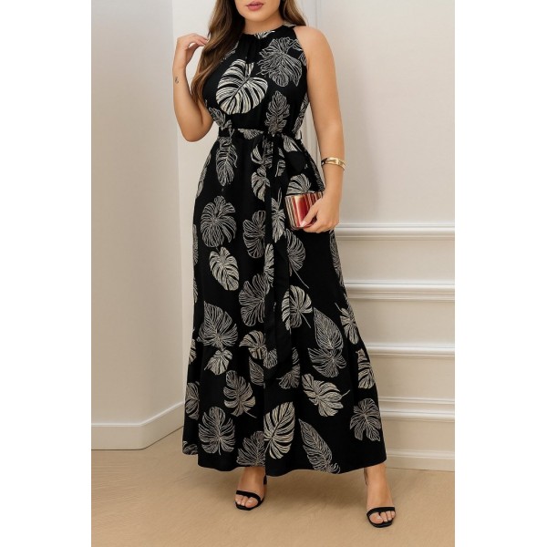 Kadın Sıfır Kok Bağcıklı Kemerli Etek Ucu Fırfırlı Desenli Süprem Elbise