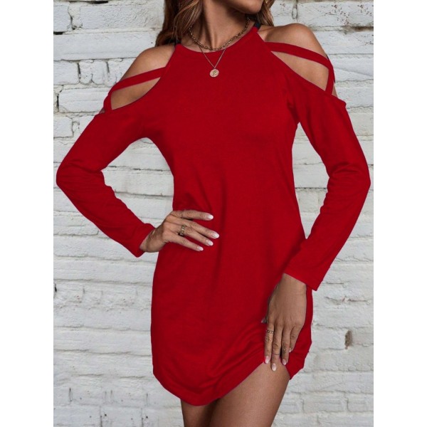 Kadın Uzun Kollu Omuz Açık Askı Detay Viskon Mini Boy Elbise