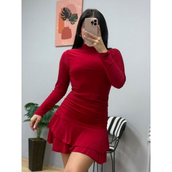 Kadın Uzun Kollu Balıkçı Yaka Mini Fırfırlı Sandy Elbise