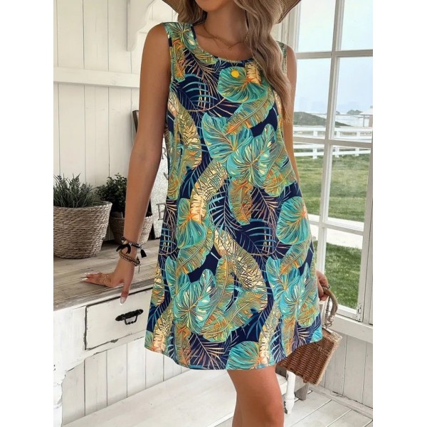 Kadın Sıfır Kollu Yuvarlak Yaka Desenli Süprem Elbise