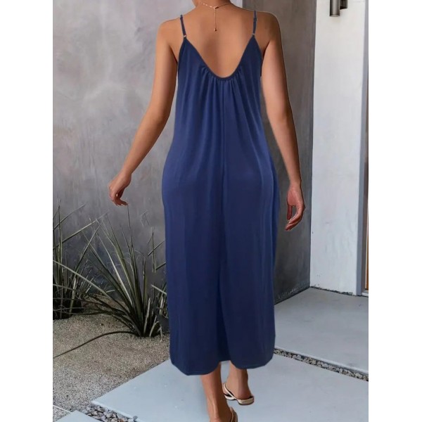 Kadın Ip Askılı Geniş V Yakalı Viskon Elbise