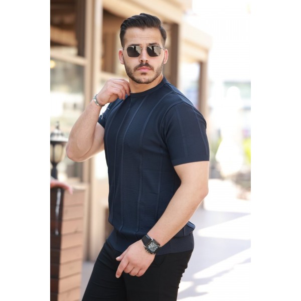 Erkek Desenli çizgi Kabartmalı Kısa Kollu Tişört