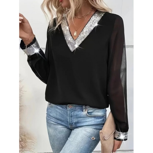 Kadın Uzun Kollu V Pulpayet Yakalı Ithal Krep Bluz
