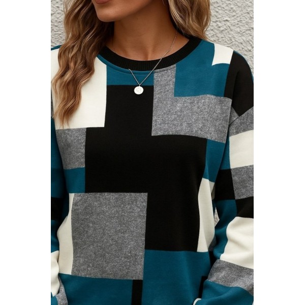 Kadın Uzun Kollu Bisiklet Yaka Renkli Blok Baskı Dalgıç Bluz