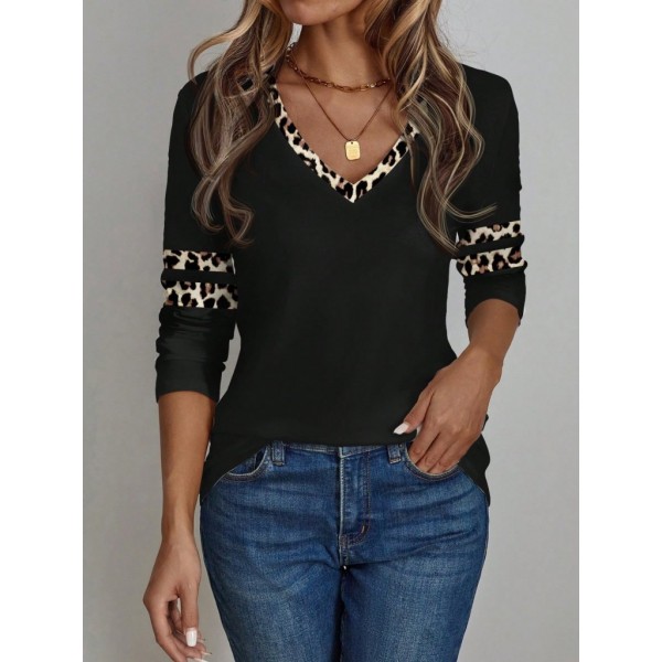 Kadın Uzun Kollu V Yakalı Leopar Desenli Viskon Iki Iplik Bluz