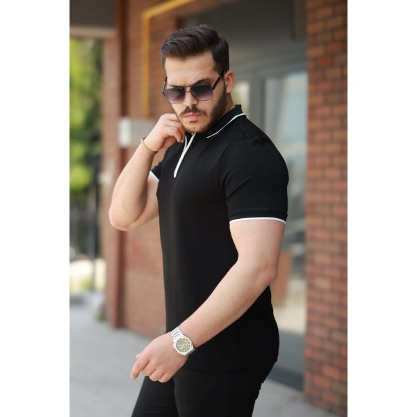 Erkek Fermuar Yakalı çizgi Detaylıkısa Kollu Tişört