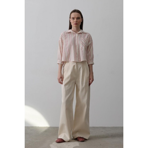 Çift Pileli Palazzo Pantolon - Natür