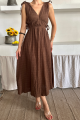 MÜSLİN ELBİSE OMUZ BÜZGÜ DETAYLI V YAKA KOLSUZ ELBİSE - Kahverengi
