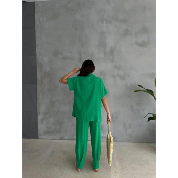 OMUZ MİDYE SIRALI BLUZ - PAÇA PENSLİ PANTOLON TAKIM - Yeşil