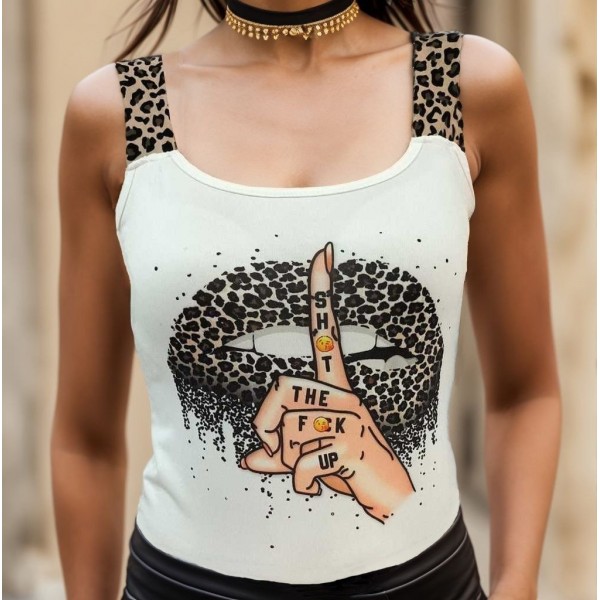 Kadın Leopar Askılı Leopar Baskılı Mikro Kumaş Bluz