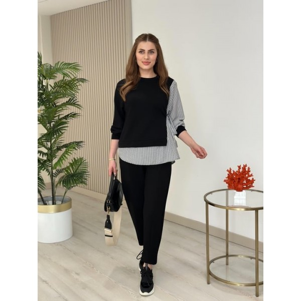 Kadın Gömlek Detay çizgili Yandan Bağlamalı Ikili Takım