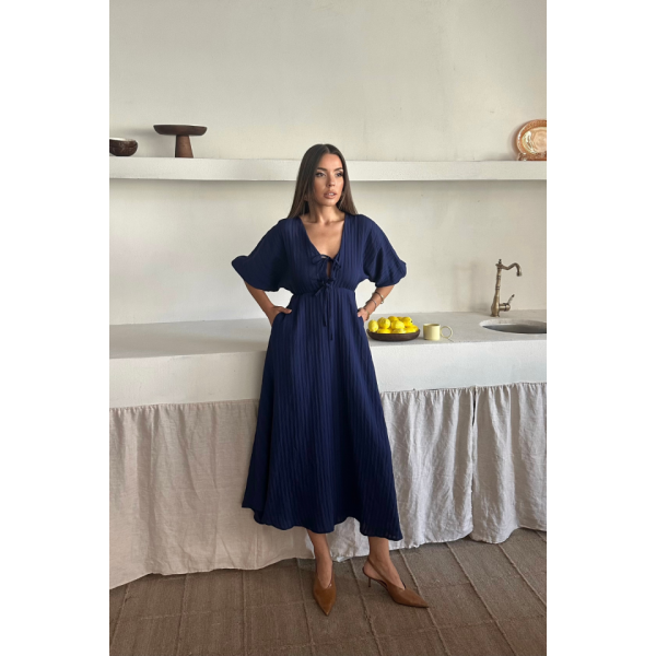 V YAKA DÖKÜMLÜ ELBİSE - Lacivert