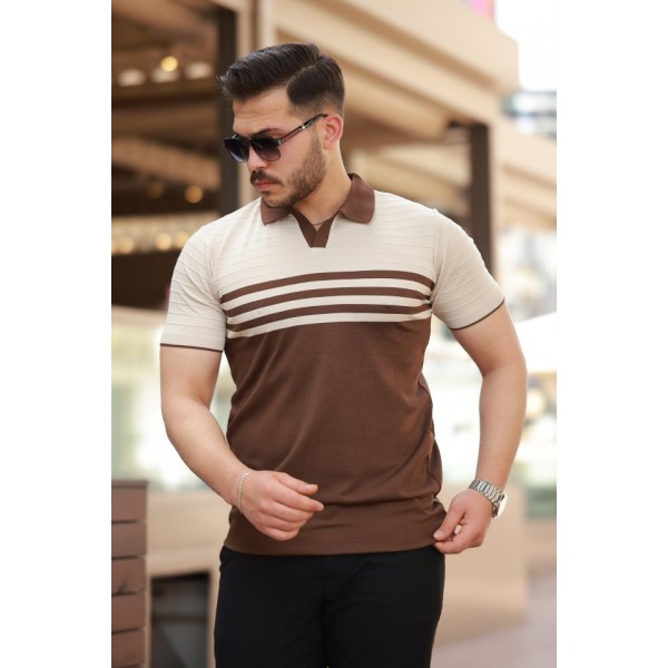 Erkek çizgi Desenli Yakalı Kısa Kollu T-shirt