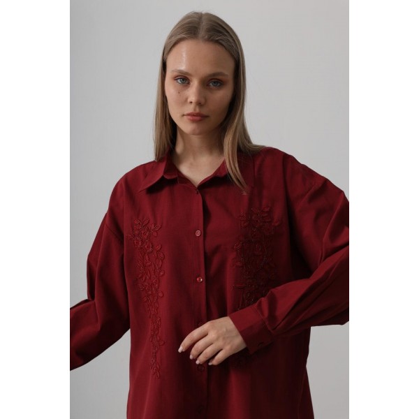 Boncuk Nakış Detaylı Uzun Gömlek - Bordo