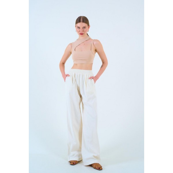 Beli Lastikli Palazo Pantolon - Taş