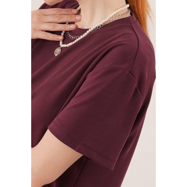 Yırtmaç Detaylı Kısa Kollu Salaş Maxi Bordo Elbise