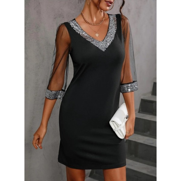 Kadın Uzun Kollu V Yaka Ve Kol Ucu Pul Payet Krep Elbise