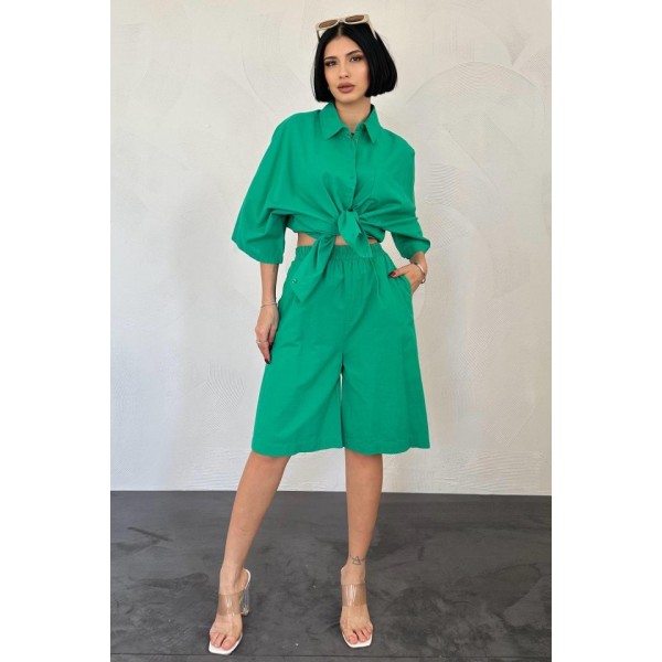 Yeşil Kısa Kollu Keten Gömlek Ve Şort Takım