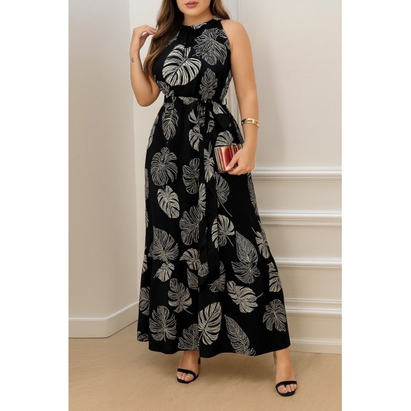 Kadın Sıfır Kok Bağcıklı Kemerli Etek Ucu Fırfırlı Desenli Süprem Elbise