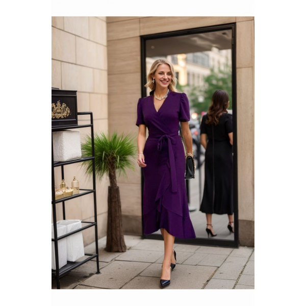 Kadın Kruvaze Yaka Midi Boy Kuşaklı Krep Elbise 120 Cm