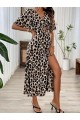 Kadın Kısa Kollu V Yakalı Beli Lastikli Yırtmaçlı Uzun Leopar Desenli Süprem Elbise