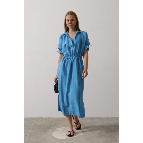 Beli Lastikli Elbise - Mavi